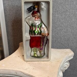 Golfing Santa Glass Christmas‎ Ornament Golfer Holding Club Blown Glass Handmade